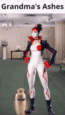 a woman in a superhero costume is standing next to an urn that says grandma