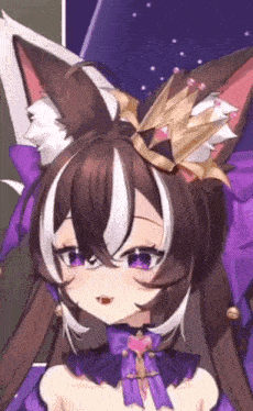 a close up of a girl with a crown on her head and a bow around her neck