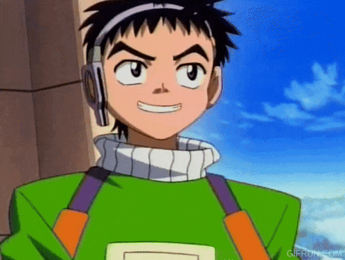 a cartoon character wearing headphones and a green sweater is smiling .