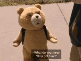 a teddy bear with a backpack says what do you mean they got him ?