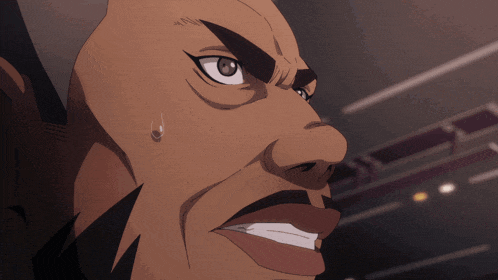 a close up of a man 's face with a tear coming out of his eye