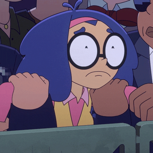 a cartoon character with blue hair and glasses is looking at something