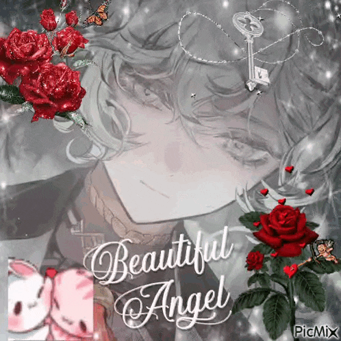 a picture of a girl with roses and a key with the words beautiful angel on it
