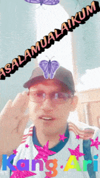 a man wearing glasses and a hat with a butterfly and the words " assalamualaikum "