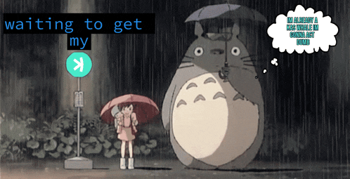 a cartoon of a girl holding an umbrella next to a totoro in the rain