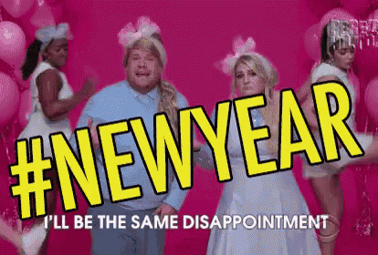 a man and two women are dancing in front of pink balloons and the words `` new year '' .