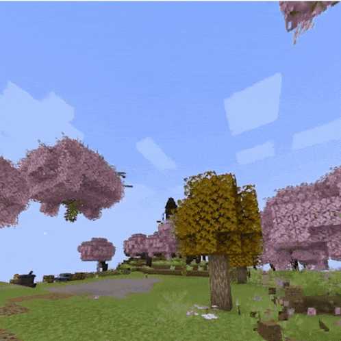 a video game scene with trees with pink flowers on them