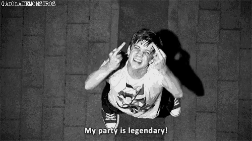 a man is jumping in the air with the words my party is legendary written below him