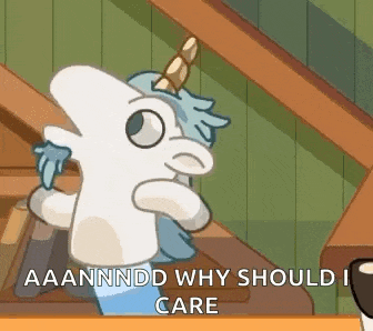 a cartoon unicorn is sitting on a staircase and saying `` aaannndd why should i care ''