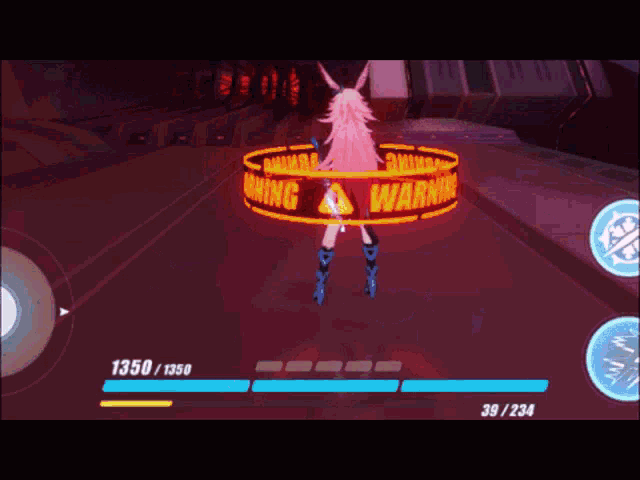 a girl in a video game has a warning sign around her
