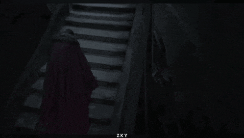 a person in a red coat is walking down a set of stairs