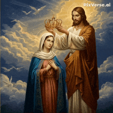 a painting of jesus giving a crown to mary