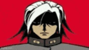 a close up of a cartoon character 's face with white hair and a black mask on a red background .