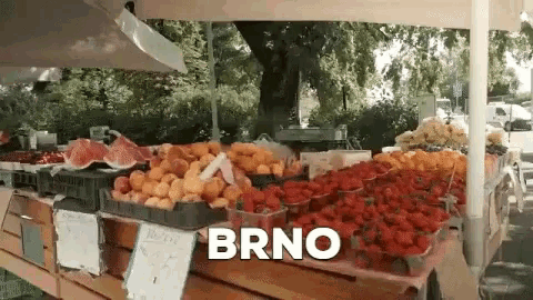 a display of fruits and vegetables with the word brno on the bottom right