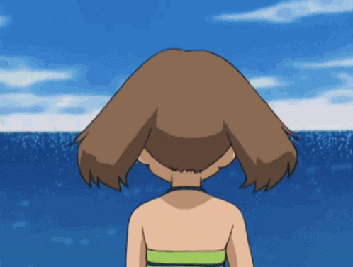 a cartoon of a girl in a green bikini looking out over the ocean