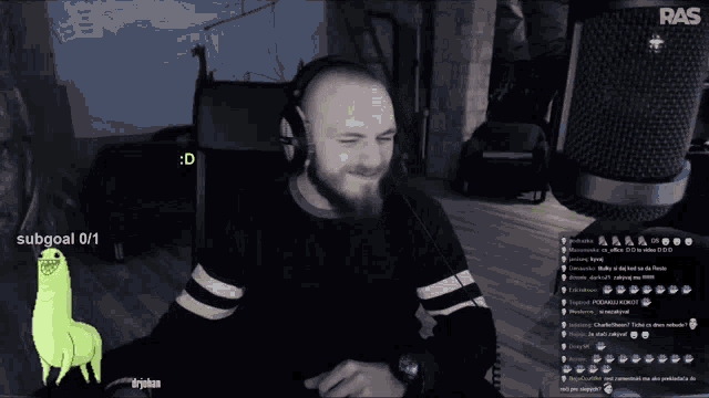 a man wearing headphones is sitting in front of a microphone with a sub goal of 0/1