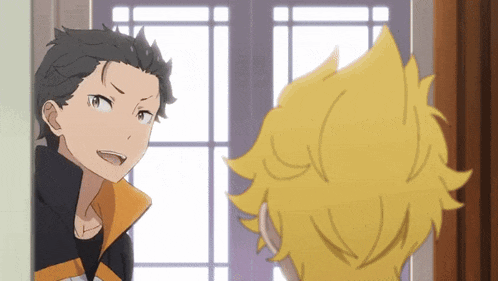 two anime characters are standing next to each other and one has a yellow hair