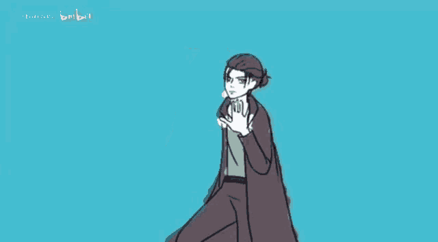 a drawing of a man in a trench coat and a green shirt standing on a blue background .