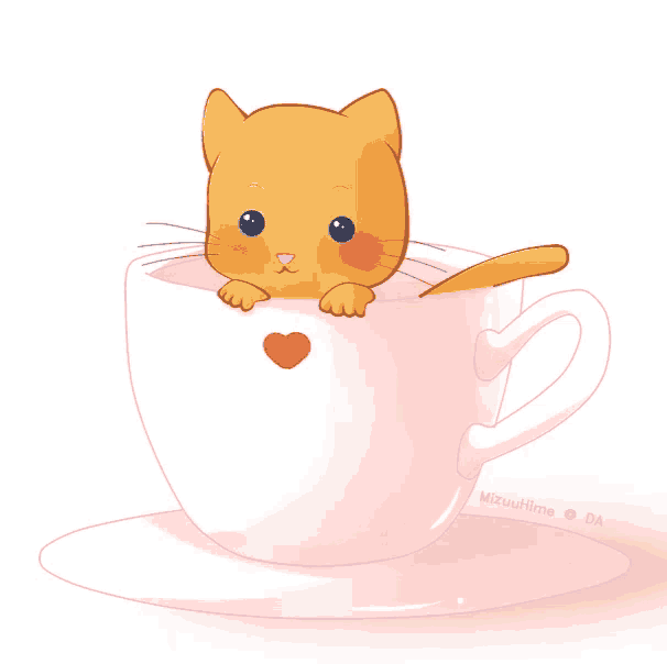 a drawing of a cat in a cup with the name mizuuhime on the bottom