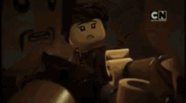 a group of lego figures are standing next to each other in a cartoon .