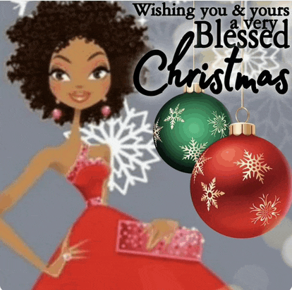 a christmas card with a woman in a red dress wishing you and yours a blessed christmas