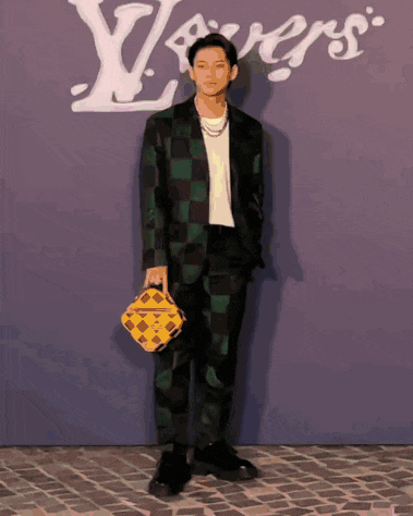 a man in a plaid suit is holding a yellow bag in front of a sign that says lovers