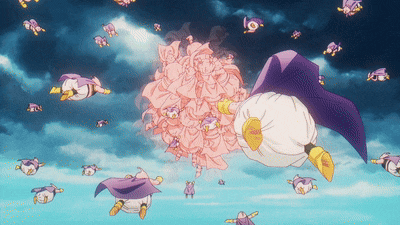 a bunch of cartoon characters are flying in the air