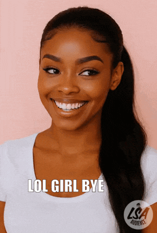 a woman is smiling with the words lol girl bye written below her