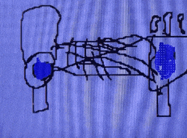 a drawing of a person holding a rabbit 's tail on a blue background