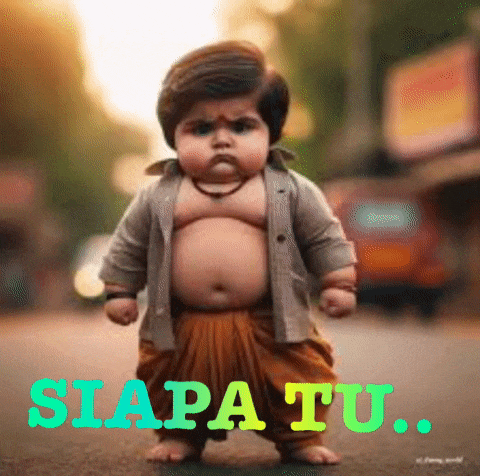 a baby with a big belly is standing on the street with the words siapa tu .