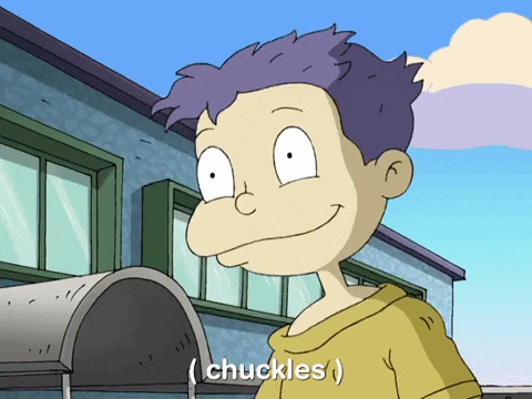 a cartoon character with purple hair is standing in front of a building and says ( chuckles )