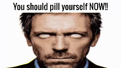 a picture of a man with white eyes and the words " you should pill yourself now "