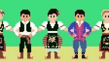 a group of people in traditional costume are standing next to each other .