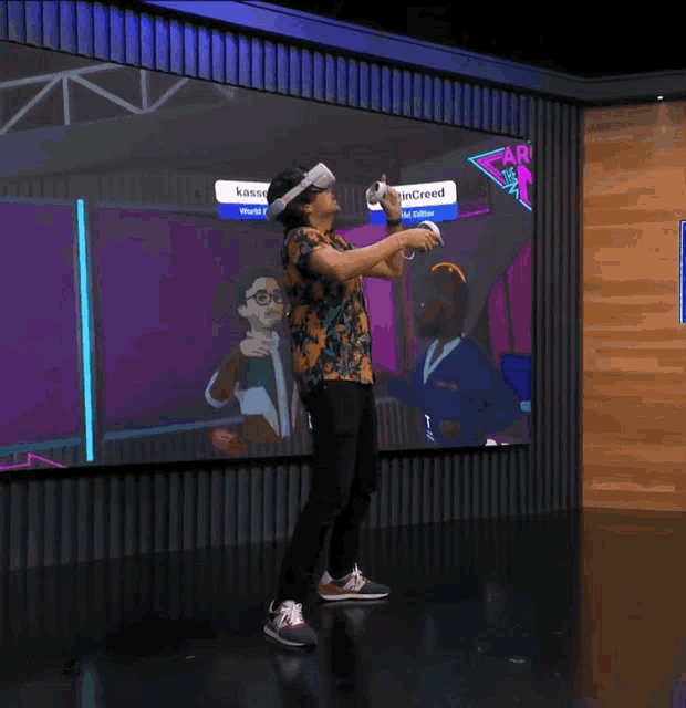 a man wearing a virtual reality headset is dancing