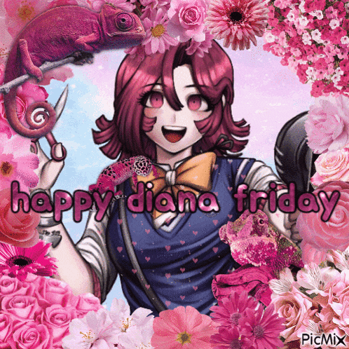 a picture of a girl holding a chameleon with the words happy diana friday on it