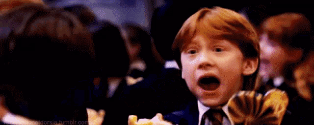 a young boy with red hair is eating french fries in a crowd .