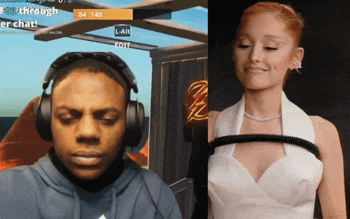 a man wearing headphones next to a woman wearing a white top
