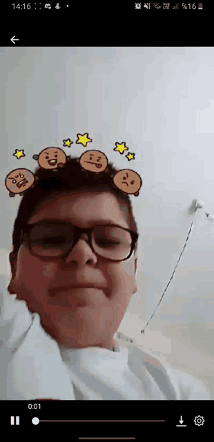 a boy wearing glasses has a sticker on his head that says angry
