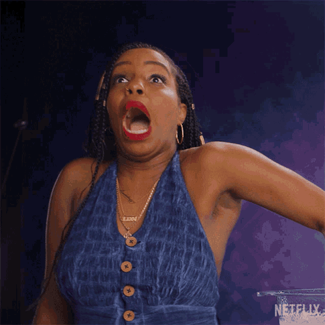 a woman making a funny face with a netflix logo in the bottom right corner