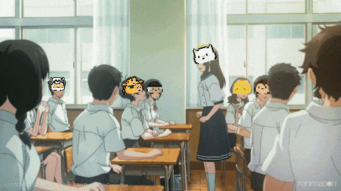 a girl with a cat on her head stands in front of a classroom