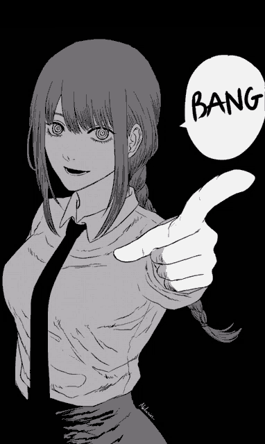 a black and white drawing of a woman pointing at the camera with a bang speech bubble behind her