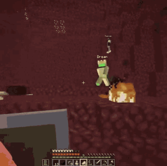 a minecraft character with a green face is standing in a dark cave .