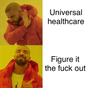 a man with a beard is wearing a red jacket with the words universal healthcare figure it the fuck out on the bottom