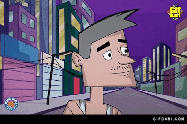 a cartoon of a man standing on a city street with the website gifgari.com at the bottom