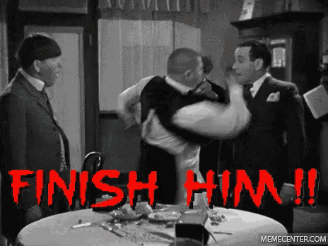 a black and white photo of three stooges with the caption finish him !!