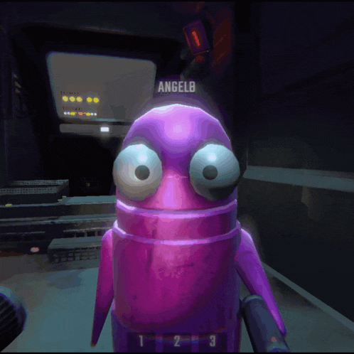a purple robot with angelb written on the top of it