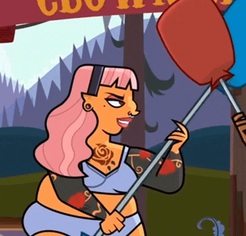 a cartoon of a woman holding a stick with a sign behind her that says ' country '