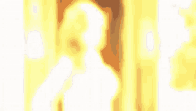 a blurred image of a woman standing in front of a door with fire coming out of it .