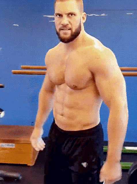 a shirtless man with a beard is in a gym