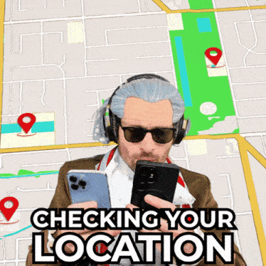 a man wearing headphones and sunglasses looks at his phone with the words checking your location below him